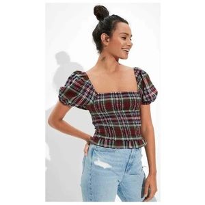 AMERICAN EAGLE Red Smocked Puff Sleeve Cropped Top